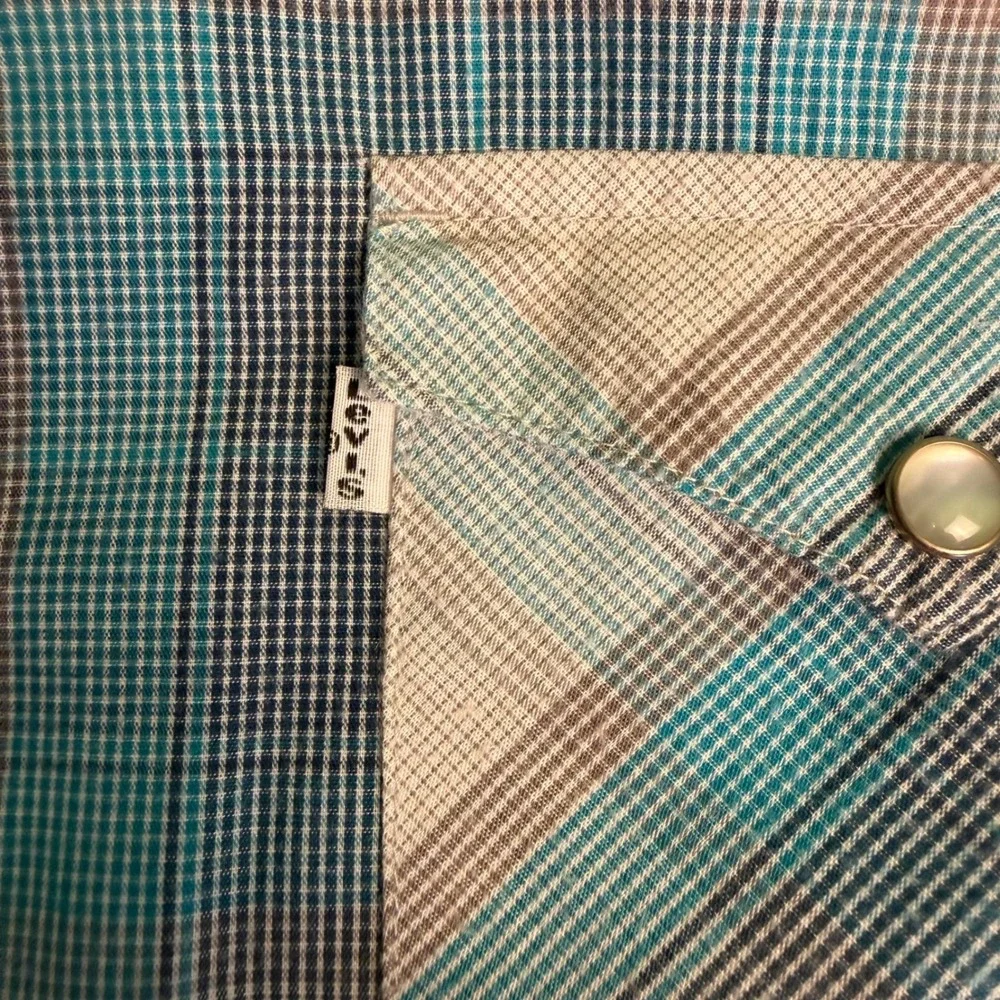 Levis Mens M Shirt Blue Grey Western‎ Plaid Short Sleeve Pearl Snap